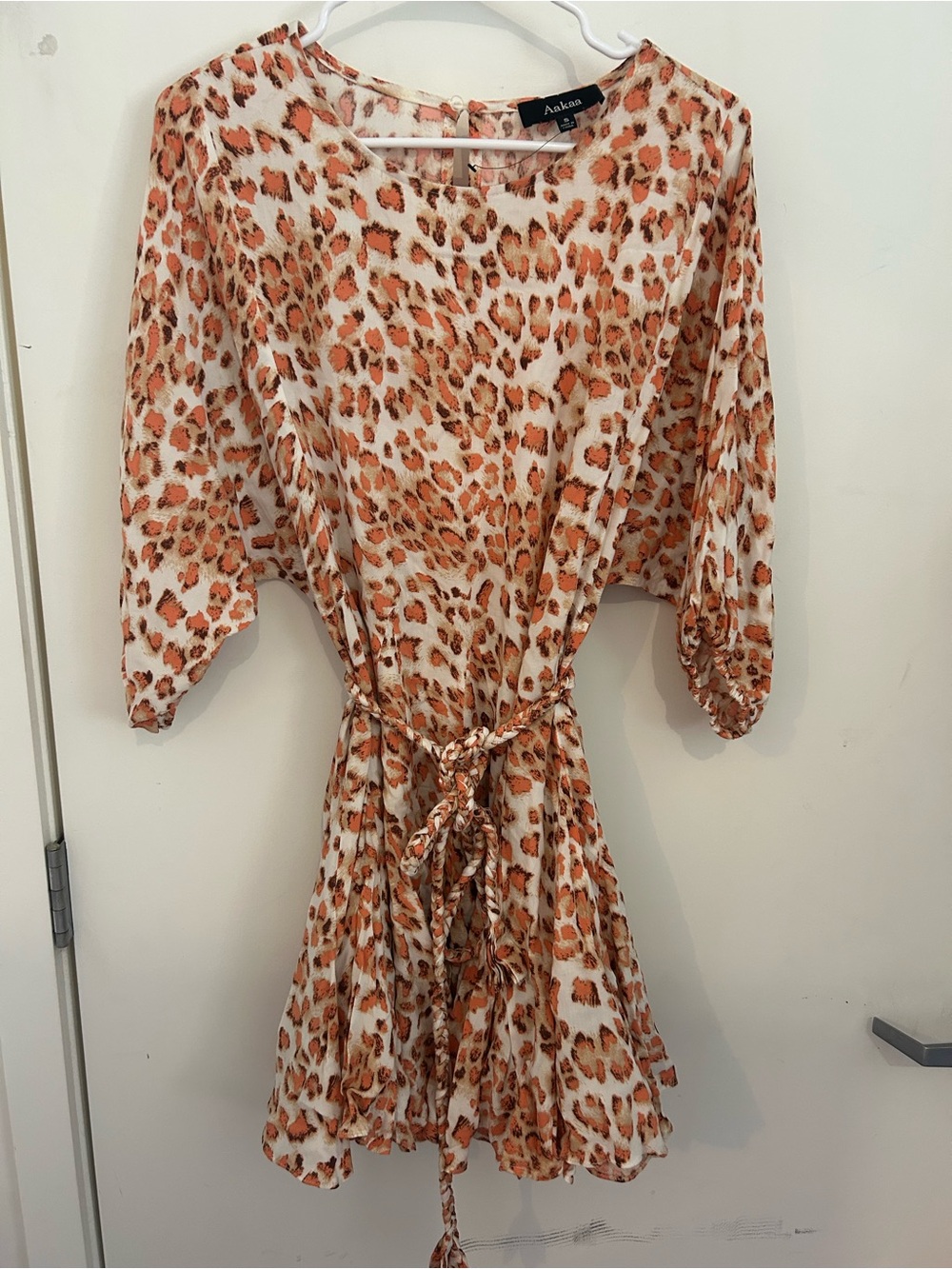 Aakaa Cream and Orange Leopard Print Tie-Waist Dress